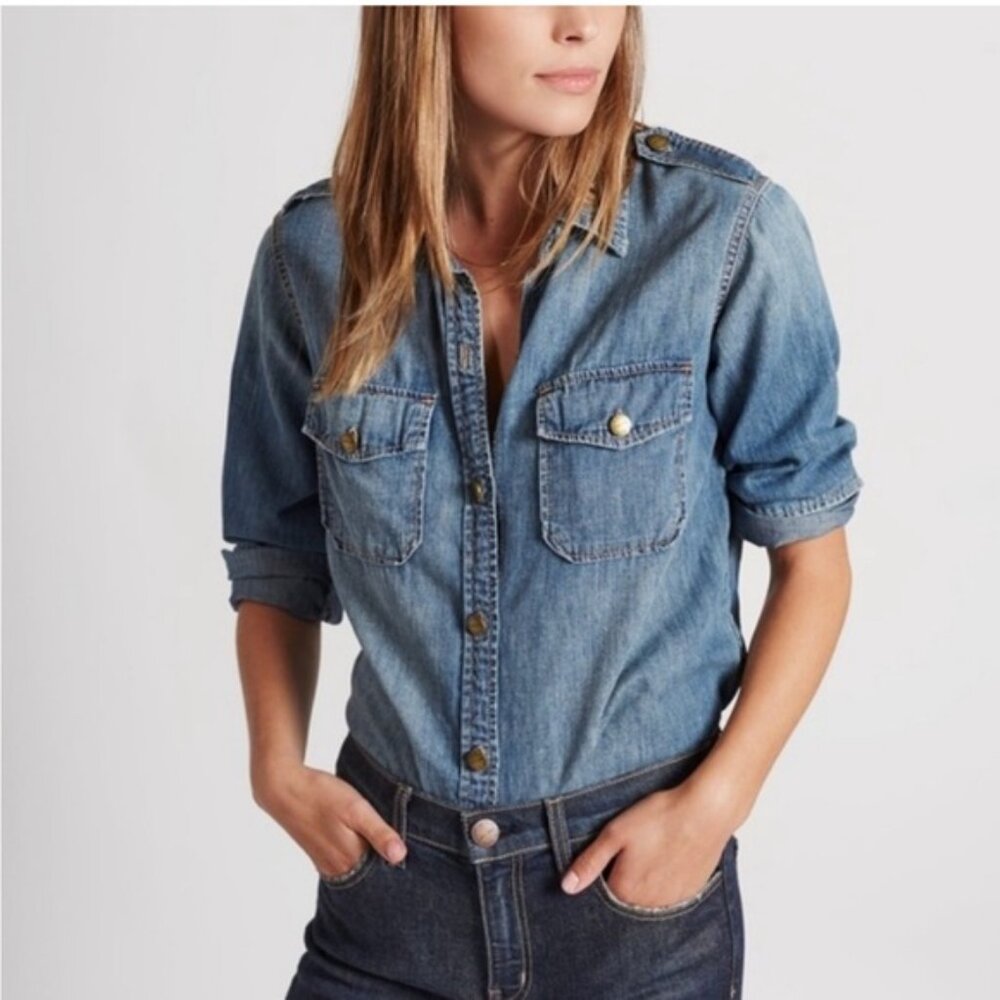 Current Elliot The Perfect Shirt Miner Blue Button Up Denim Long Slv Classic L